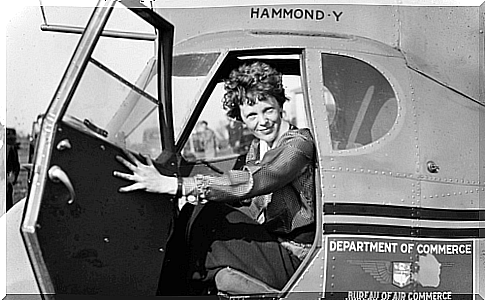 Amelia Earhart on a plane.