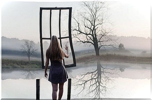 girl in front of the lake and a window suspended in the air