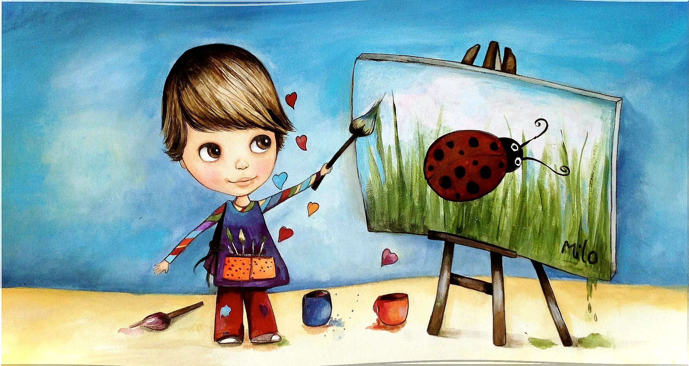 child paints ladybug