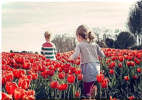 Happy children in a field of red tulips.